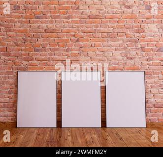 3 frame mockup on red brick wall with wooden floor, 3d render. Stock Photo