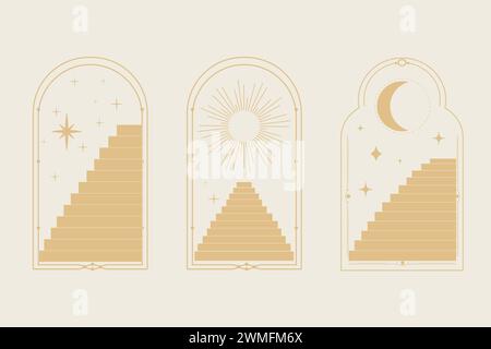 Set arch window line frame celestial, mystic with staircase, astrology symbols moon and sun, line border, minimal tattoo isolated. Esoteric spiritual icon. Vector illustration Stock Vector
