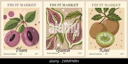 Set of abstract Fruit Market retro posters. Stock Vector