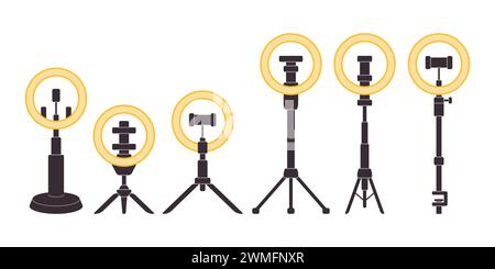 ring light stand tripod yellow circle lamp spotlight for photography and video modern equipment Stock Vector
