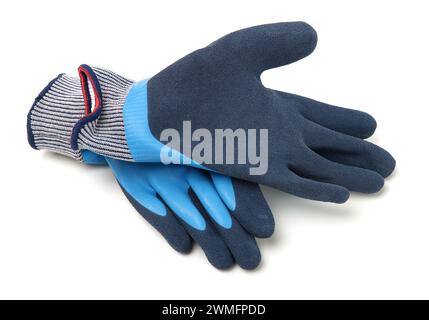 Pair of b'lu textile work gloves with protective rubber layer isolated on white background with soft shadow Stock Photo