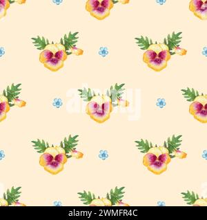 seamless pattern with wild flowers pansies are watercolor hand drawn illustrations Stock Photo