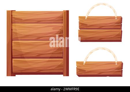 Set Wooden frame, signboard with rope rustick birder timber isolated on white background. Game ui panel. Vector illustration Stock Vector