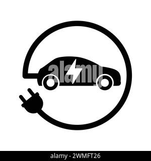 Electric Car With Plug Charging Green Symbol. Electric Vehicle Icon. EV Cars Icons. Charging Station Road Sign. Renewable Eco Technologies Stock Vector