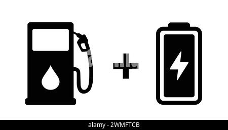 Hybrid Car Icon. Plug-in Hybrid Electric Vehicle. PHEV Car Icon. Electric Energy And Fuel Engine. Gas Station And Electrical Car Charger Sign. Vector Stock Vector