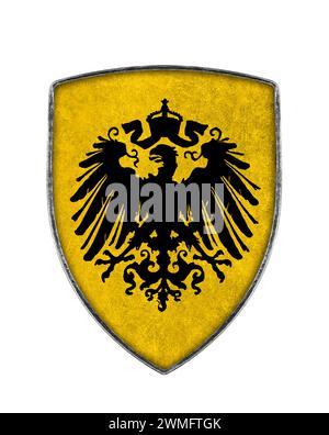 Old metal shield with black eagle isolated on white background Stock Photo