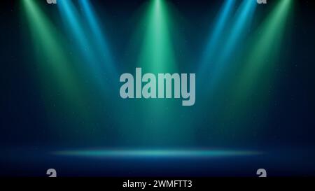 Blue green spotlight backdrop. Illuminated blue green stage. Background for displaying products. Bright beams spotlights on dark background, glitter Stock Vector