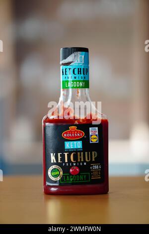 A bottle of ketchup on a kitchen counter Stock Photo