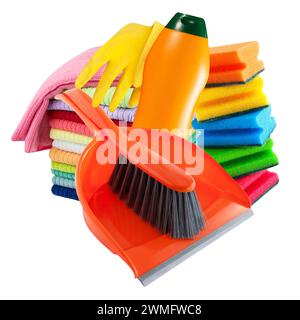 Various cleaning agents and tools for household isolated on white background Stock Photo