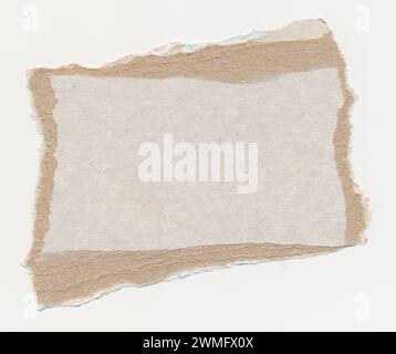 Torn piece of cardboard. Blank paper piece for message, reminder, sign, tag, label. Frame. Light torn cardboard blank background for message. Isolated Stock Photo