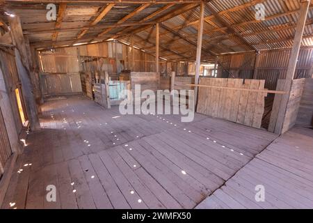 Old shearing shed at Koonalda Homestead, a point of interest along the Eyre Highway, Nullarbor, South Australia, SA, Australia Stock Photo