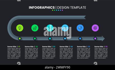 Infographic template with icons and 6 options or steps. Dark line. Can be used for workflow layout, diagram, banner, webdesign. Vector illustration Stock Vector