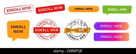 enroll now circle rectangle stamp speech bubble and button website internet design element Stock Vector