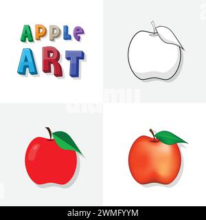 Apple art sketch, colouring page, flat and realistic apple fruit illustration for kids Stock Vector