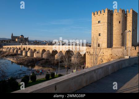 The Roman Bridge of Cordoba is a long-restored pedestrian-free bridge with arches originally constructed in the early 1st century BCE, across the Guad Stock Photo