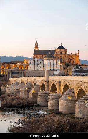 The Roman Bridge of Cordoba is a long-restored pedestrian-free bridge with arches originally constructed in the early 1st century BCE, across the Guad Stock Photo