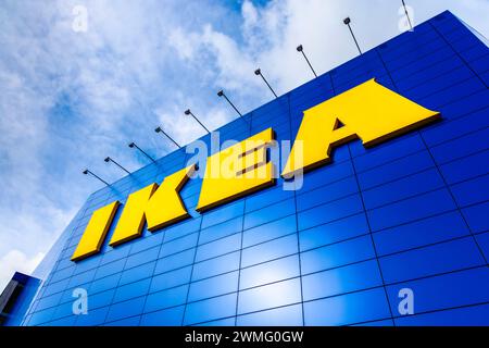 Ikea logo on the facade of the Ikea Greenwich building, London England Stock Photo