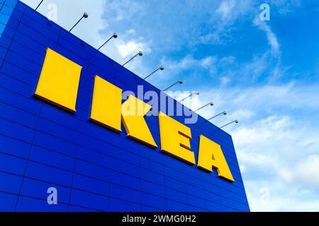 Ikea logo on the facade of the Ikea Greenwich building, London England Stock Photo