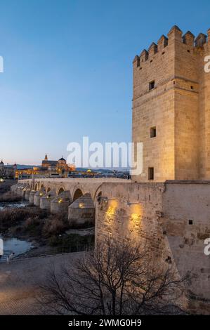 The Roman Bridge of Cordoba is a long-restored pedestrian-free bridge with arches originally constructed in the early 1st century BCE, across the Guad Stock Photo