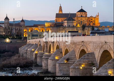 The Roman Bridge of Cordoba is a long-restored pedestrian-free bridge with arches originally constructed in the early 1st century BCE, across the Guad Stock Photo