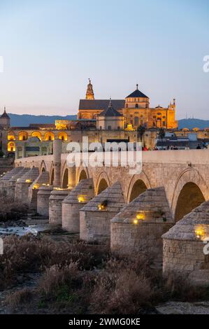 The Roman Bridge of Cordoba is a long-restored pedestrian-free bridge with arches originally constructed in the early 1st century BCE, across the Guad Stock Photo