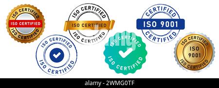 iso certified circle stamp label seal emblem badge sign for guarantee confirmation accredited standard quality Stock Vector
