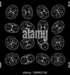 Wireframe shapes, lined torus. Perspective mesh, 3d grid. Low poly geometric elements. Retro futuristic design elements, y2k, vaporwave and synthwave Stock Vector