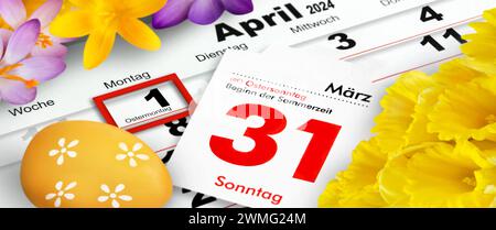 Deutscher Kalender 2024  Ostern 31. März und 1. April  Feiertage Ostersonntag und Ostermontag Stock Photo