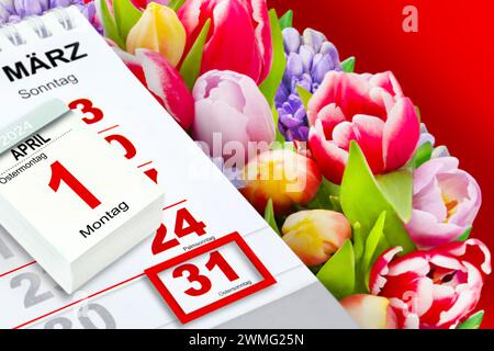 Deutscher Kalender 2024  Ostern 31. März und 1. April  Feiertage Ostersonntag und Ostermontag mit Blumen Stock Photo