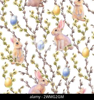 Watercolor seamless pattern with willow branches, rabbits and colorful eggs. Hand painted willow wood isolated on white background. Spring illustratio Stock Photo