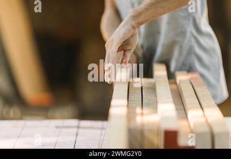 Close-up of precise woodcutting in action. Stock Photo