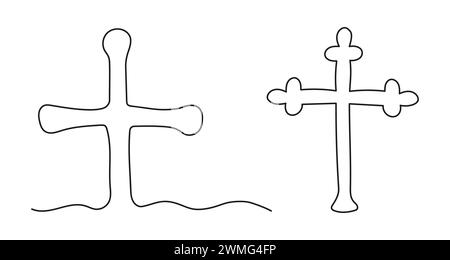 Set of crosses. Continuous one line drawing. Line art. Concept of Easter, faith, spirituality, religion, funeral. Design element. Black and white vector isolated on white background Stock Vector