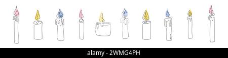 Set of colorful wax candles with flames. Burning decorative aroma candles. Continuous one line drawing. Line art. Isolated on white backdrop. Design elements for print, greeting, postcard. Stock Vector