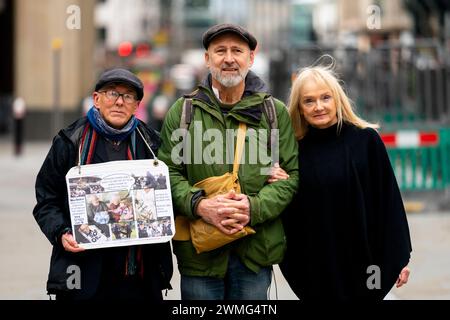 (left-right) William Ward, Simon Milner-Edwards and Deborah Wilde arrive at the City Of London Magistrates' Court, London, where they are charged with aggravated trespass after disrupting Wimbledon Championship tennis matches by protesting on the courts on July 5. Picture date: Monday February 26, 2024. Stock Photo