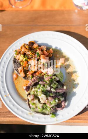 Fish and Octopus Tostadas on a White Plate Stock Photo