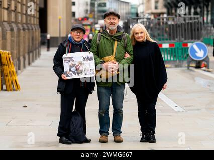 (left to right) William Ward, Simon Milner-Edwards and Deborah Wilde arrive at the City Of London Magistrates' Court, London, where they are charged with aggravated trespass after disrupting Wimbledon Championship tennis matches by protesting on the courts on July 5. Picture date: Monday February 26, 2024. Stock Photo