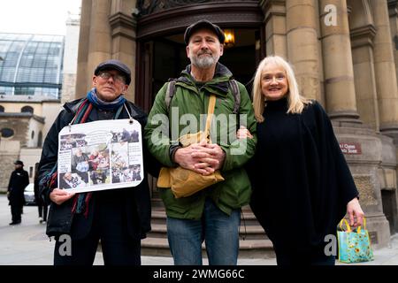 (left to right) William Ward, Simon Milner-Edwards and Deborah Wilde arrive at the City Of London Magistrates' Court, London, where they are charged with aggravated trespass after disrupting Wimbledon Championship tennis matches by protesting on the courts on July 5. Picture date: Monday February 26, 2024. Stock Photo