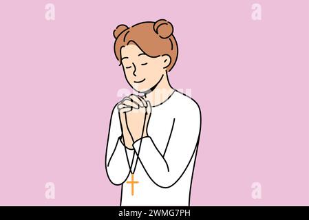 Little girl reads prayer, crossing palms near chest and holding christian cross in hands. Happy pre-teen child praying, feeling involved in catholicism and christian religion at early age Stock Vector