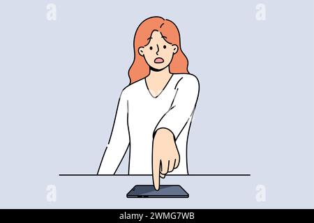 Indignant woman points finger at mobile phone after learning about leak of confidential information from applications. Smartphone near girl, feeling indignant because of increase in phone tariffs Stock Vector