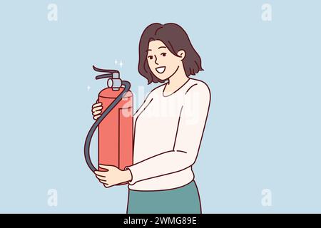 Woman with fire extinguisher smiles, recommending checking expiration date of fire-fighting equipment. Red extinguisher in hands of beautiful girl taking care of safety of home or office Stock Vector