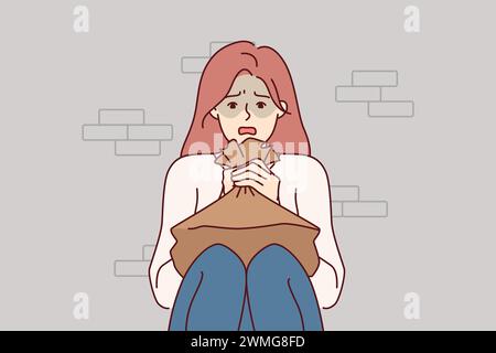Woman suffering from panic attack holds paper bag for hyperventilation and restoration of normal psychological state. Girl sitting on floor near brick wall and experiencing stress due to panic attack Stock Vector