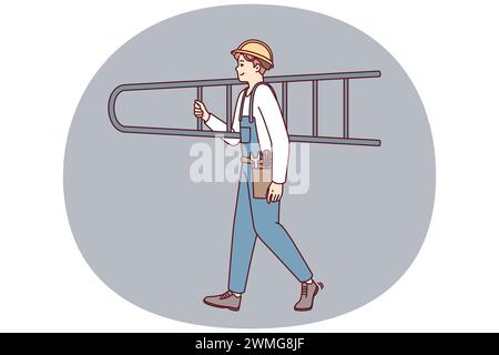 Man professional repairman in overalls carries stepladder on shoulder heading to place of work. Builder guy in protective helmet with repair tools on belt holds ladder Stock Vector