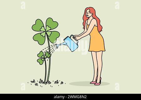 Woman waters yarrow clover growing from ground in preparation for st. Patrick day celebrations. Girl in summer dress grows irish plant to make green beer for st. Patrick day party. Stock Vector