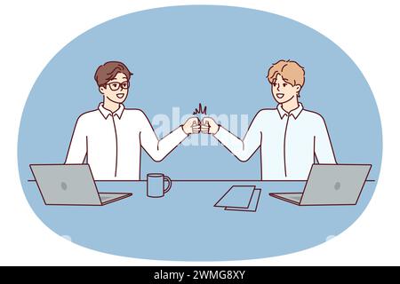 Two man managers bang their fists celebrating successful completion of deal. Guys in white shirts stand near table with laptops saying goodbye after finishing work Stock Vector