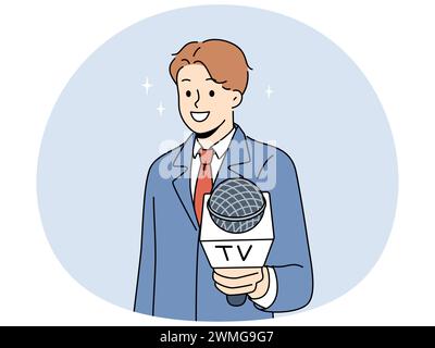 Male journalist with microphone in hands interview audience. Man reporter or host stretch mic to camera. Journalism and broadcast. Vector illustration. Stock Vector