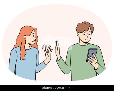 Man reject smiling loving woman showing attention. Busy guy using cellphone avoid and ignore persistent female show interest. Relationship problem. Vector illustration. Stock Vector