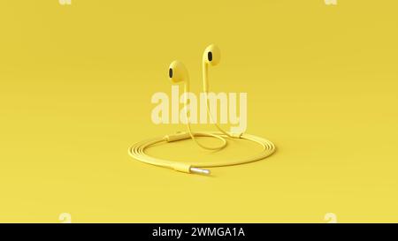 Earphones on yellow background. Summertime.  3D render illustration. Stock Photo