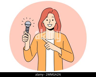 Smiling woman point at microphone holding in hands. Happy female singer or performer demonstrate mic in hands. Hobby and entertainment. Vector illustration. Stock Vector