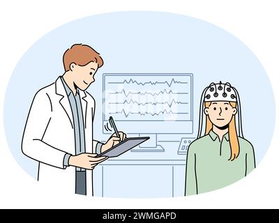 Woman patient do EEG scan in hospital. Male doctor examine woman client in neurology clinic. Neurological checkup and examination. Vector illustration. Stock Vector