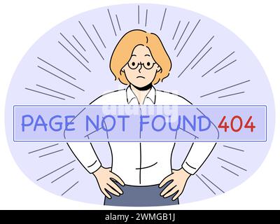 Distressed businesswoman see page not found problem. Unhappy female employee receive 404 error notification while working. Vector illustration. Stock Vector